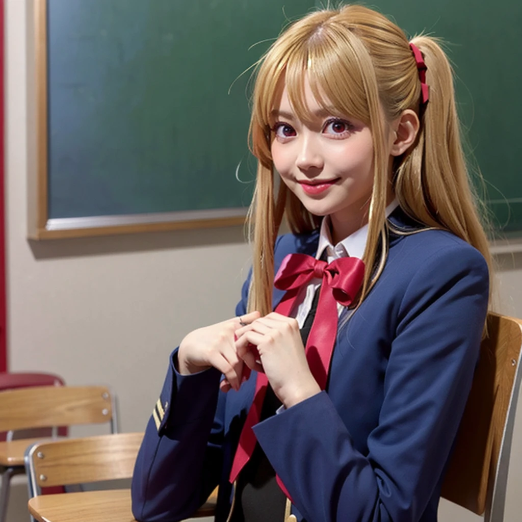 Blonde,Messy silky beautiful blonde hair,A perfectly beautiful face,masterpiece, 8k wallpaper, Highest quality, One girl,Pink Eyes,Hoshino Ruby,ruby hoshino, smile, blush,uniform,Navy blue blazer,Red ribbon, shirt,whole body,In the classroom,pikkyruby,1girl