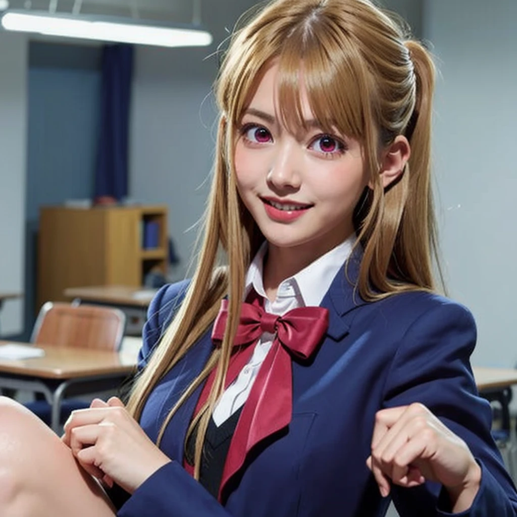 Blonde,Messy silky beautiful blonde hair,A perfectly beautiful face,masterpiece, 8k wallpaper, Highest quality, One girl,Pink Eyes,Hoshino Ruby,ruby hoshino, smile, blush,uniform,Navy blue blazer,Red ribbon, shirt,whole body,In the classroom,pikkyruby,1girl