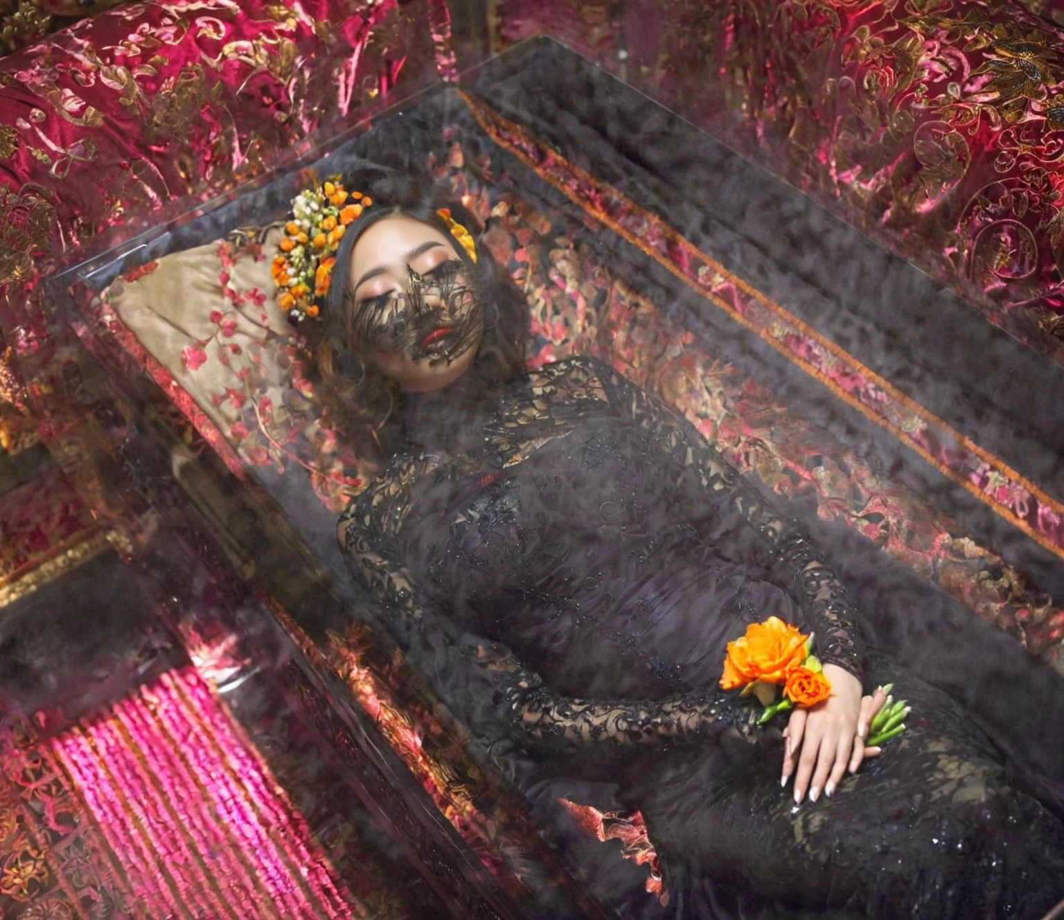 In a striking 8K HDR scene, a stunning Korean woman, 22 years old, lies peacefully in a black coffin surrounded by plush pillows. The deep box is set against a rich black background, accentuating the beauty of the subject. Her exquisite kebaya attire is embroidered with superb detail, showcasing her round and firm breasts, perfect cleavage, and beautiful eyebrows. Her closed eyes and mouth give an air of serenity, while her visible and absolute cleavage leave nothing to imagination. The scene is bathed in saturated colors, highlighting every intricate aspect from the ball skirt to her clean face, straight body, detailed hand perfect hands, straight body.