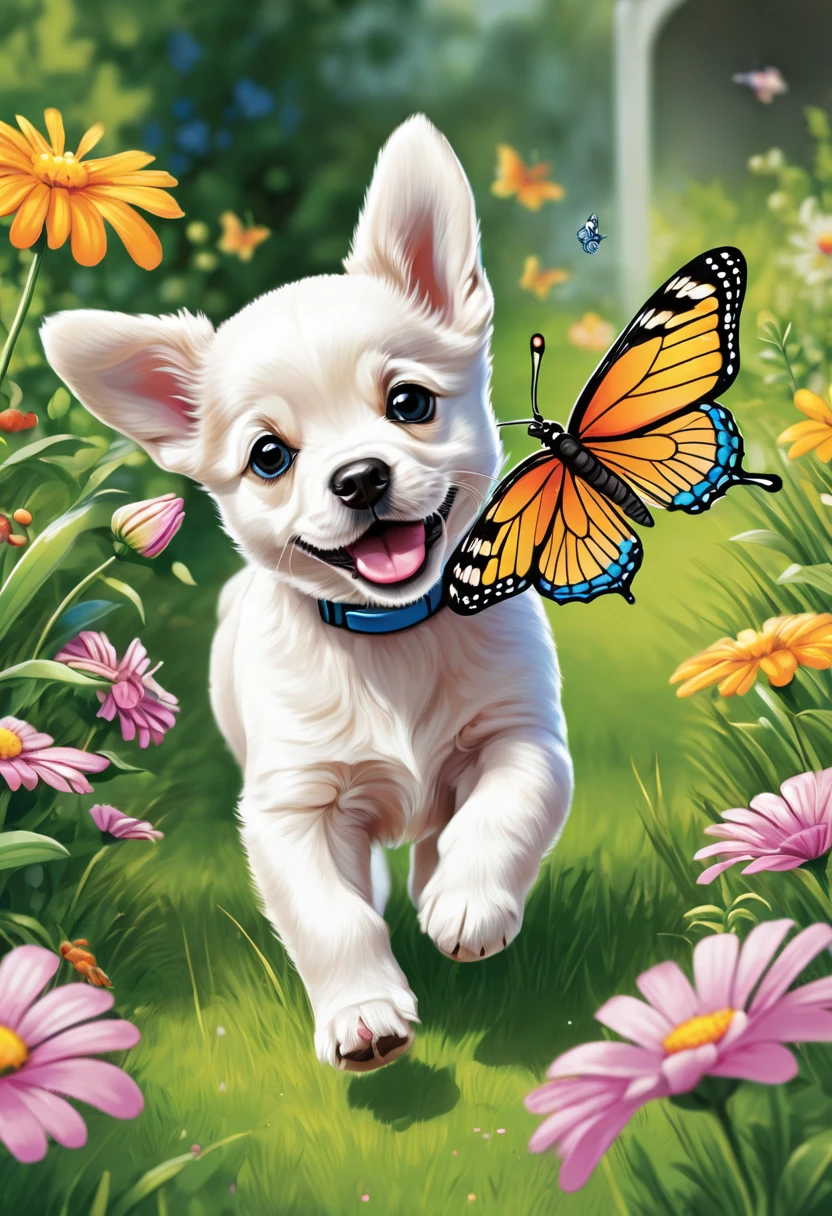 A delightful and colorful illustration of a playful puppy chasing a butterfly in a garden. The puppy, with floppy ears and a wagging tail, is depicted with thick lines and minimal details, making it perfect for kids to color. The butterfly, with open wings, flies gracefully above the puppy. The garden has a few simple flowers and blades of grass, creating a cheerful atmosphere. The clear, bold outlines and vibrant colors stand out against the white background, making the illustration fun and engaging, illustration