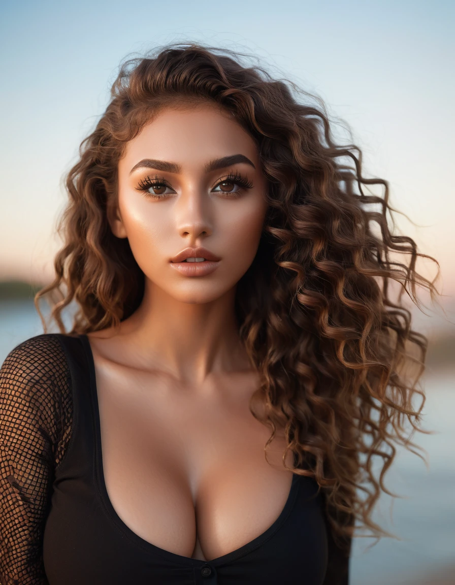 (best quality,4k,highres, highres face details), brown long curly hair, wearing a black mesh shirt,18 years old, instagram model, 36DD natural breast, fake lashes, fake lips, dark makeup, perfect skin, tan skin, she is skinny, she is caucasian, golden hour, huge natural breast 36DD, posing, sexy, sensual vibes, whole body image, from head to toes