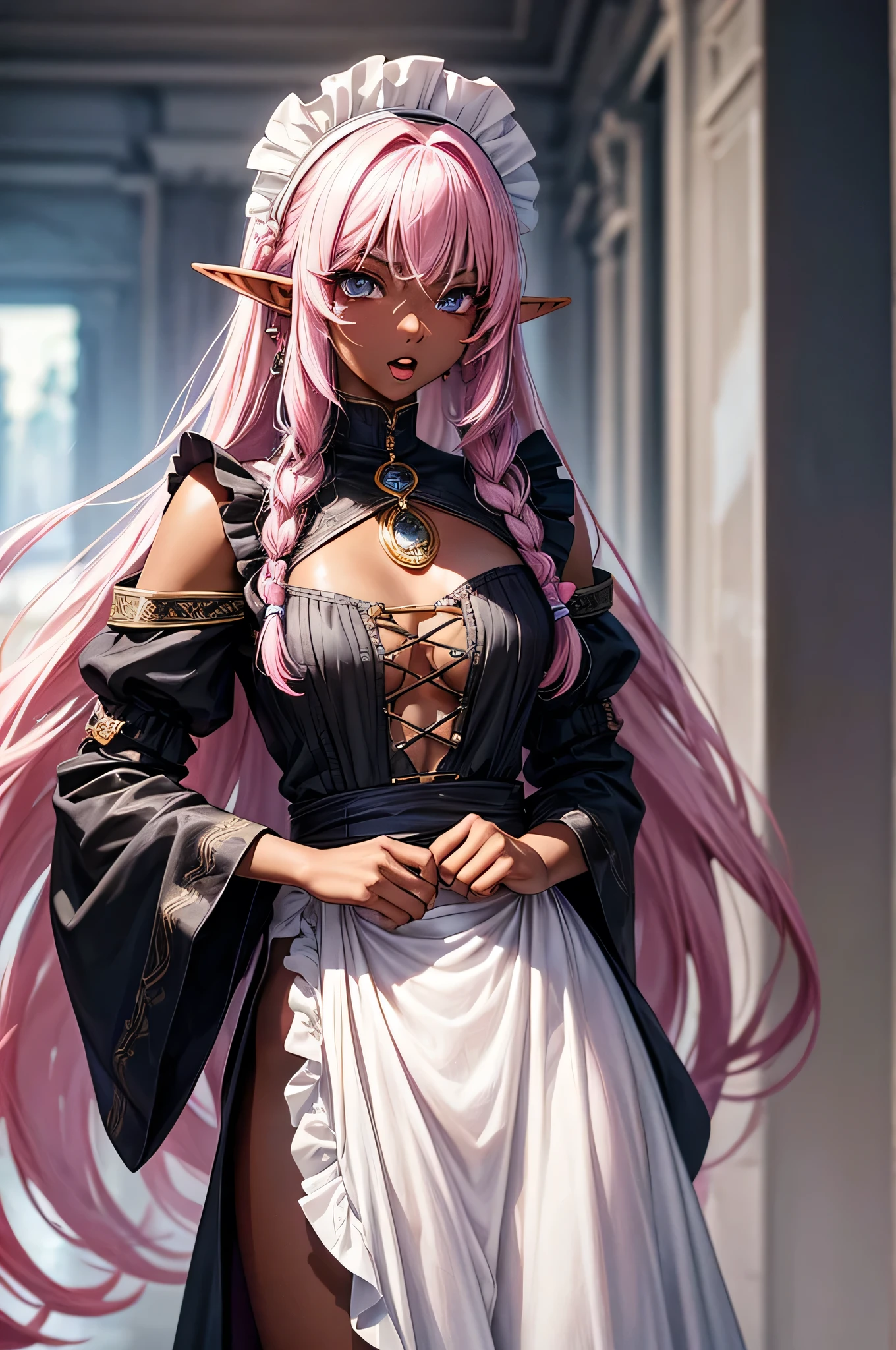 (beautiful body), (solo:2, black skin, 1000 yo, Dreadlocks:1.4 pink hair long hair beautiful elf woman, cool gray eyes, make up face, serious face, open mouth, glossy lip), (in a maid clothes), break, in the Testing site, BREAK, perfect anatomy, masterpiece, best quality, 16k, beautiful detailed love, sexy, daydreaming expression.