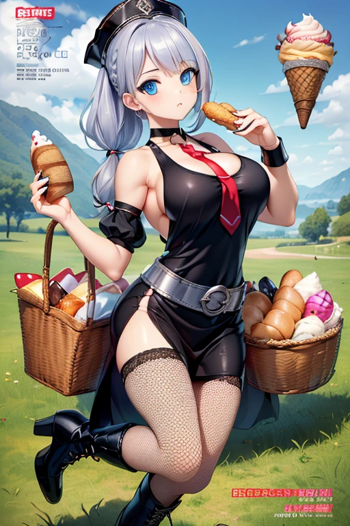 (perky chest:1.2), (pointed chest:1.2),(icecream magazine cover:1.3),(from above:1.2),(shoot from the side:1.1),(((Black Tunic:1.3))),(((cakes and bread in the basket),a 23yo Cute and beautiful girl,masterpiece、highest quality、Very detailed、Beautiful fine details、Detailed landscape、Braided Ponytail、Red camisole、((B cup breasts, Tank top showing underboob:1.0)), thigh strap, bangs, necktie, earrings, nail polish, fishnet pantyhose, silver hair, looking at viewer, full body, bottle, own hands together, belt, food, ring, choker, english text paper:1.2, collared shirt, blue eyes, hat,lace-up boots ,