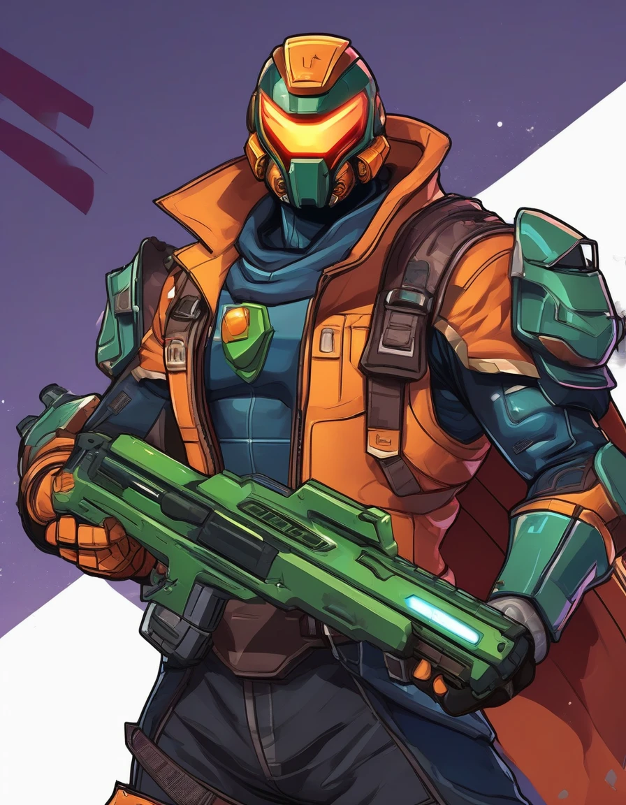 Cartoon image of man holding gun and hat, Doomman is similar to Samus, 在fighting，Plants vs.，Character art相反, Valgaat style, 官方Character art, Ray Punk, Duke Nukem Art Style, With a plasma gun, Charya, cyber space cowboy, Very stylized character design, game character, game character art, Character art, Qataghting，Poster Art，World，fighting中，Game Petx，Cyber，Punk background