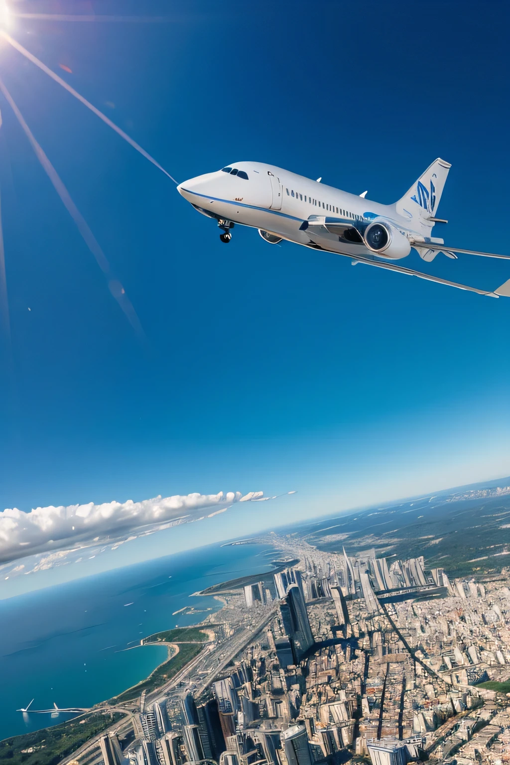 arafed airplane flying over a city with a blue sky
