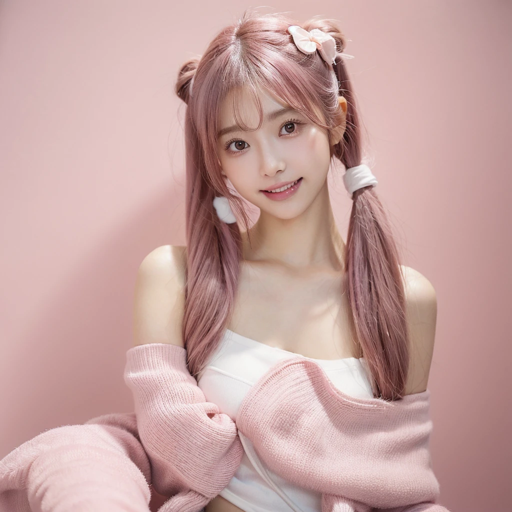 Shot with a top-of-the-line camera. highest quality, illustration, ultra-detailed, intricately detailed, high resolution, 8k, very large breasts, A youthful look of about 15 years old. Slim and well-proportioned, pink hair in twin tails, fair skin. She is wearing a Japanese idol costume, She is in a magazine photoshoot studio. A light pink background. artist photo, Straight, beautiful teeth and white teeth.