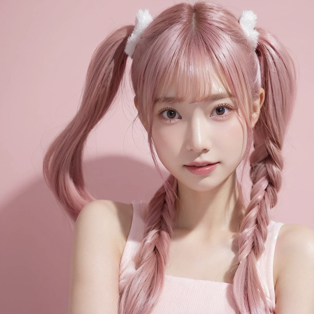 Shot with a top-of-the-line camera. highest quality, illustration, ultra-detailed, intricately detailed, high resolution, 8k, very large breasts, A youthful look of about 15 years old. Slim and well-proportioned, pink hair in twin tails, fair skin. She is wearing a Japanese idol costume, She is in a magazine photoshoot studio. A light pink background. artist photo, Straight, beautiful teeth and white teeth.