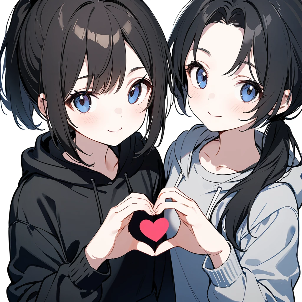best quality, beautiful, smile, a girl, twins ,two girls,(one girl is black hair, (((low short pony tail hair))) ,black hoodie,(((tall)))),(The other girl is black hair,pony tail,black hoodie,(((short)))), making a heart with hands, looking at viewer, looking to the side, eyes open, pale skin, 10-year-old, white background