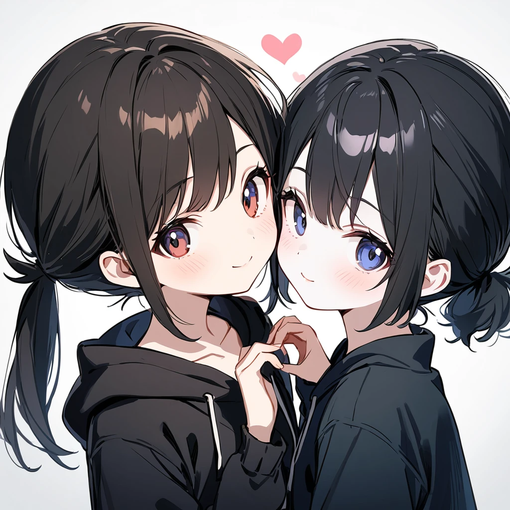 best quality, beautiful, smile, a girl, twins ,two girls,(one girl is black hair, (((low short pony tail hair))) ,black hoodie,(((tall)))),(The other girl is black hair,pony tail,black hoodie,(((short)))), making a heart with hands, looking at viewer, looking to the side, eyes open, pale skin, 10-year-old, white background