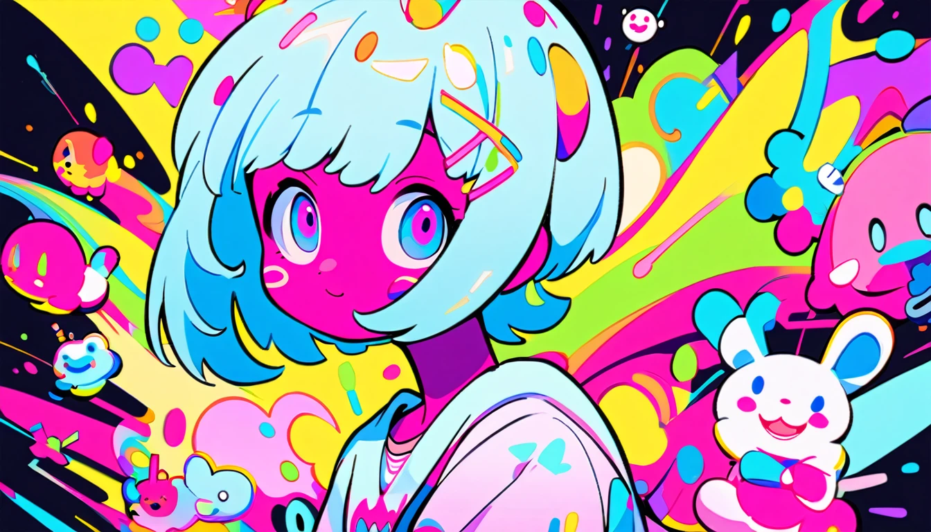 Vibrant art,pop、bright、colorful, 1 female, Light blue hair,　short hair、Happy,cute, animation style, kawaii, clearly, colorful cyberpunk, bubblegum pop, cute、Pink and light blue as main colors、I&#39;m cheering loudly、　Headphonesをしている、Headphoneusic、buzzer、buzzer, tropical,