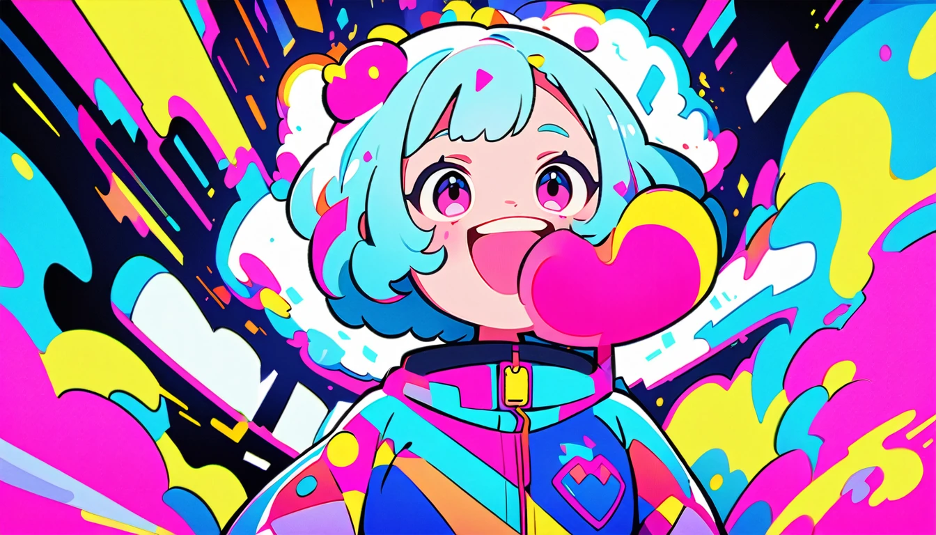 Vibrant art,pop、bright、colorful, 1 female, Light blue hair, short hair、Happy,cute, animation style, kawaii, clearly, colorful cyberpunk, bubblegum pop, cute、Pink and light blue as main colors、I'm cheering loudly、 Headphonesをしている、Headphoneusic、buzzer、buzzer, tropical,