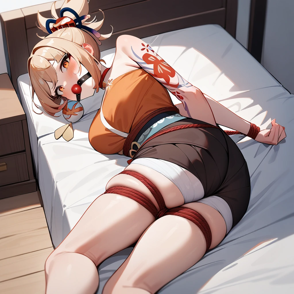 1girl, yoimiya \(genshin impact\), genshin impact,bedroom,lying on a bed, bondage,gaged,ballgag,rope,hand behind back,masterpiece,very aesthetic,newest,