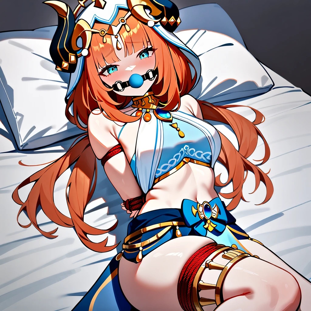 1girl, nilou \(genshin impact\), genshin impact,bedroom,lying on a bed, bondage,gaged,ballgag,rope,hand behind back,masterpiece,very aesthetic,newest,