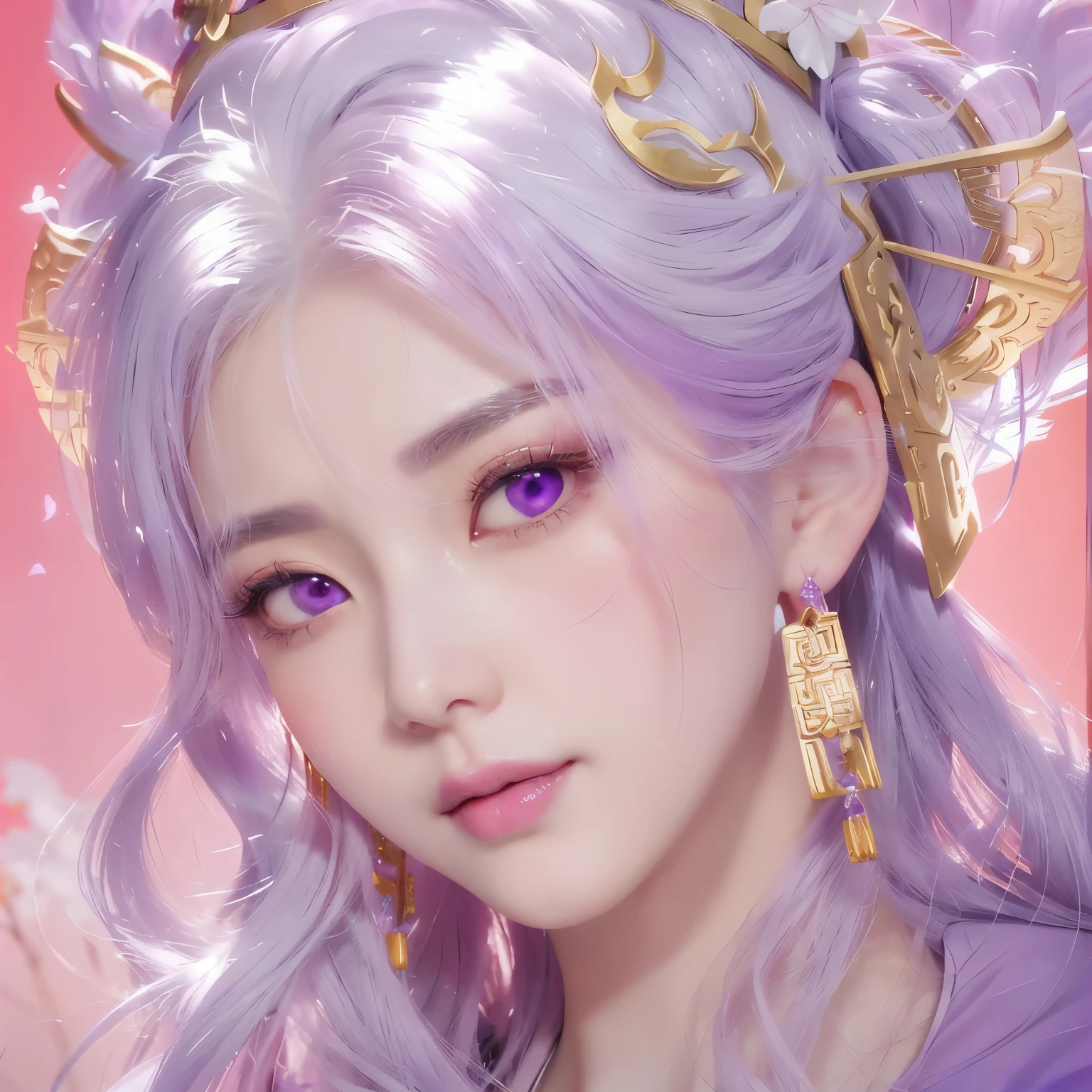 Head close-up，Delicate face，A woman with pink and white hair and purple eyes wearing a crown,Dark eyebrows realistic，3D Modeling，Beautiful fantasy queen, Chinese Fantasy, Chinese national style，Anime Goddess, , Stunning anime face portraits、 Onmyoji，Background of pink plum blossoms