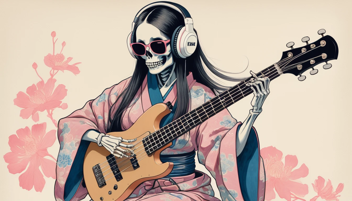 A female skeleton with long hair wearing a gorgeous kimono, Light pink lens sunglasses, Katsushika Hokusai, Ink Painting, Japanese style headphones, Playing the bass guitar, Modern ukiyo-e style