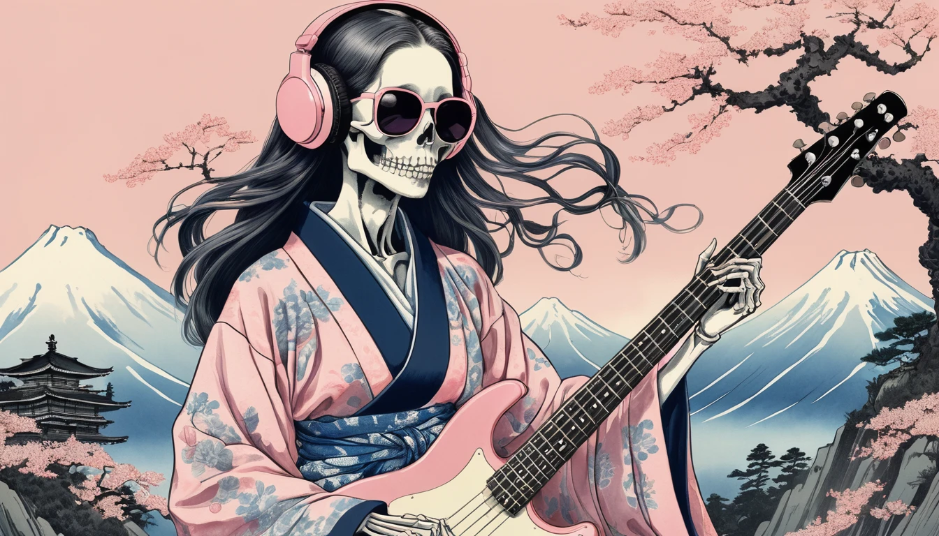 A female skeleton with long hair wearing a gorgeous kimono, Light pink lens sunglasses, Katsushika Hokusai, Ink Painting, Japanese style headphones, Playing the bass guitar, Modern ukiyo-e style