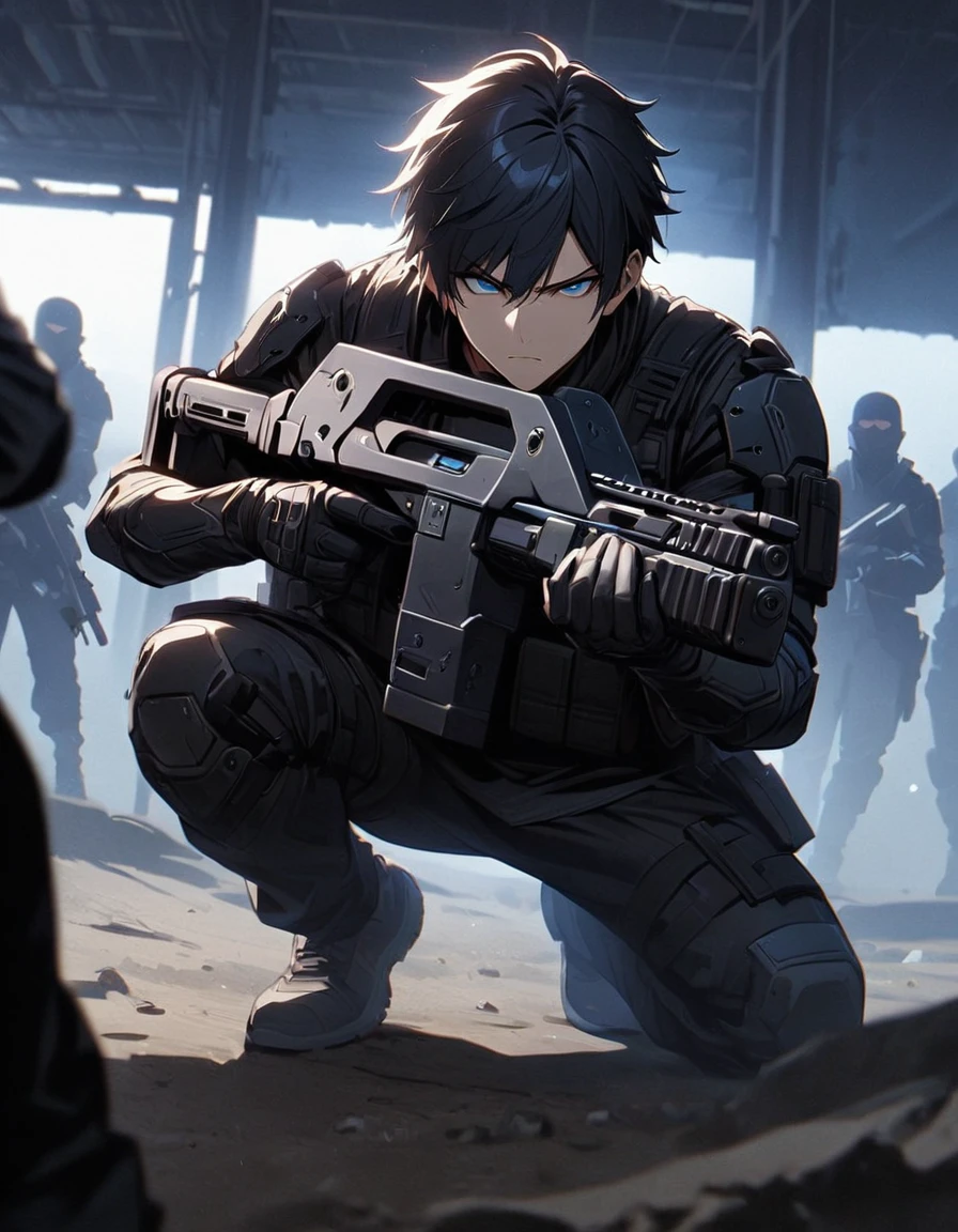 Masterpiece, best quality, 1 person, 30 year old man, Focus Man, alone, alone focus, black hair, Turquoise eyes, black bulletproof vest, Mercenaries, (holding an assault rifle), Standing position, Standing shooting position, Behind the scenes at the training field,Shooting Practice, serious, solemn face, dangerous atmosphere,short hair,black hair,blue eyes