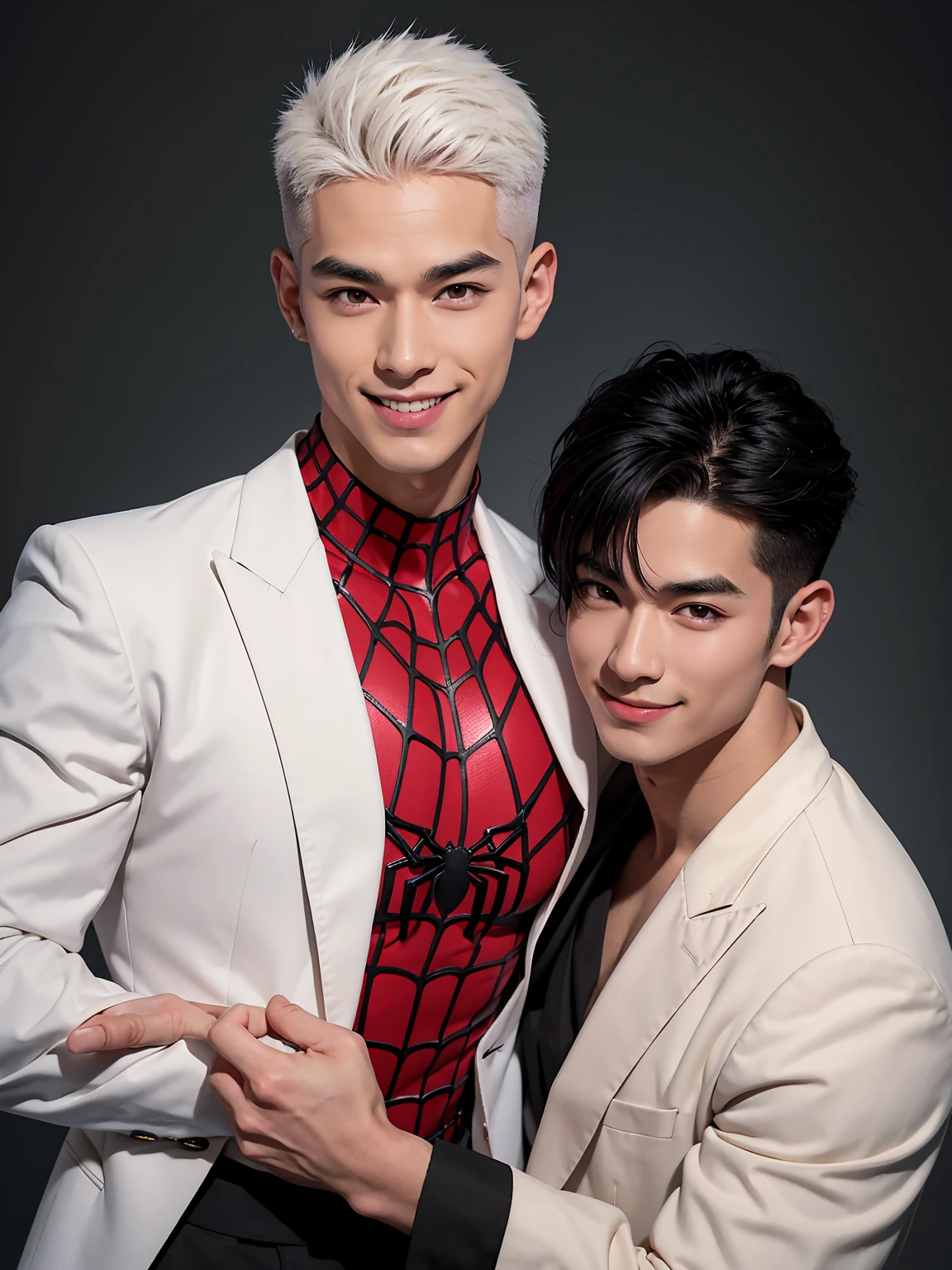 A man with black hair, pink highlights, black eyes, a handsome face, Full chest muscles, Buzz cut,Stylish short hair,a mischievous smile, eyebrow piercing, nose piercing, wearing a Spider-Man costume. Face looks like a Chinese man A little muscular sexy poses and hugged the neck of a tall man with white hair, red eyes, and a mischievous smile. Wear a white suit and have long hair. His face was handsome, tall, muscular, and smiling. He held a katana.