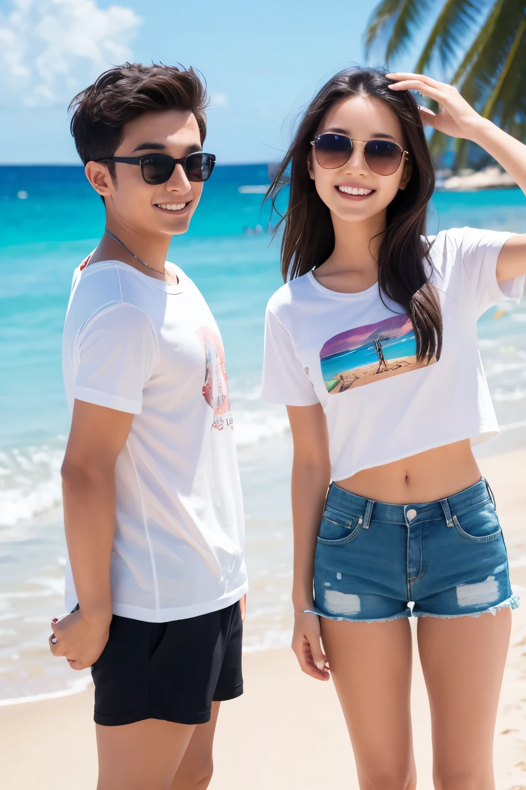 Ocean, Summer vacation, Young people, smile, Beach, trip, T-Shirts, sunglasses,