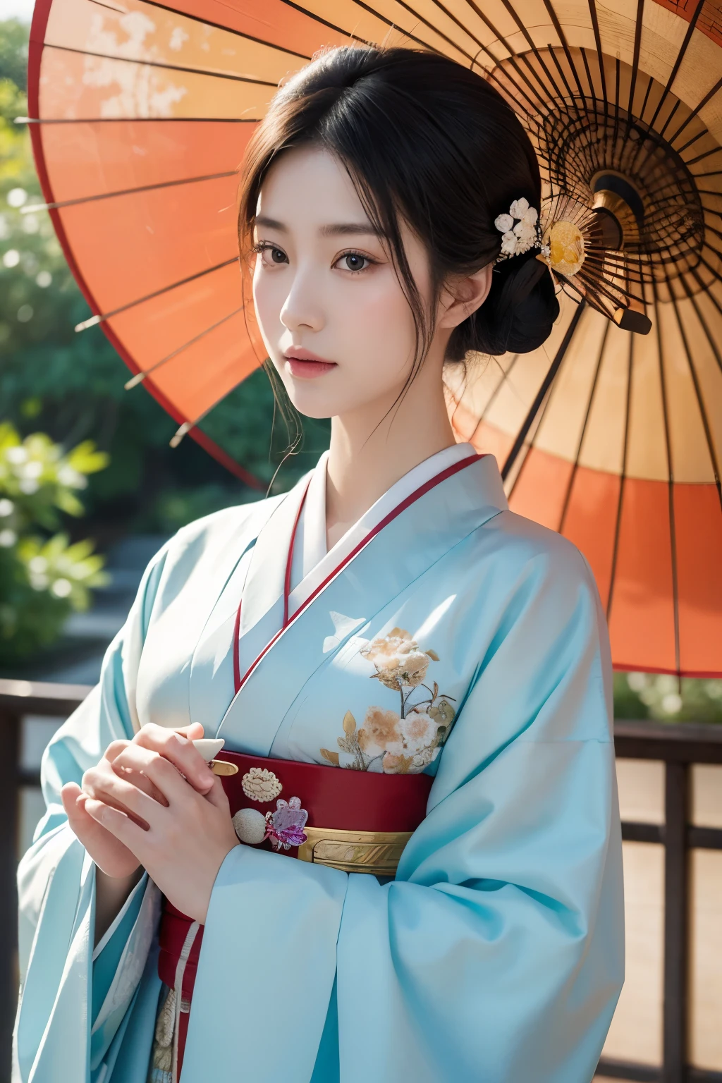 masterpiece, close up, A hyper-realistic masterpiece featuring a beautiful, elegant woman wearing traditional Japanese clothing. Hyperdetailed face, She holds a colorful umbrella and walks into a palace. The scene is inspired by ancient Japanese beauties and princesses, with a harmonious blend of traditional Japanese art. The image is of the highest quality, ultra-high definition (UHD), and captures the essence of Japan’s Emperor’s dynasty, UHD, best resolution, portrait, 28K.