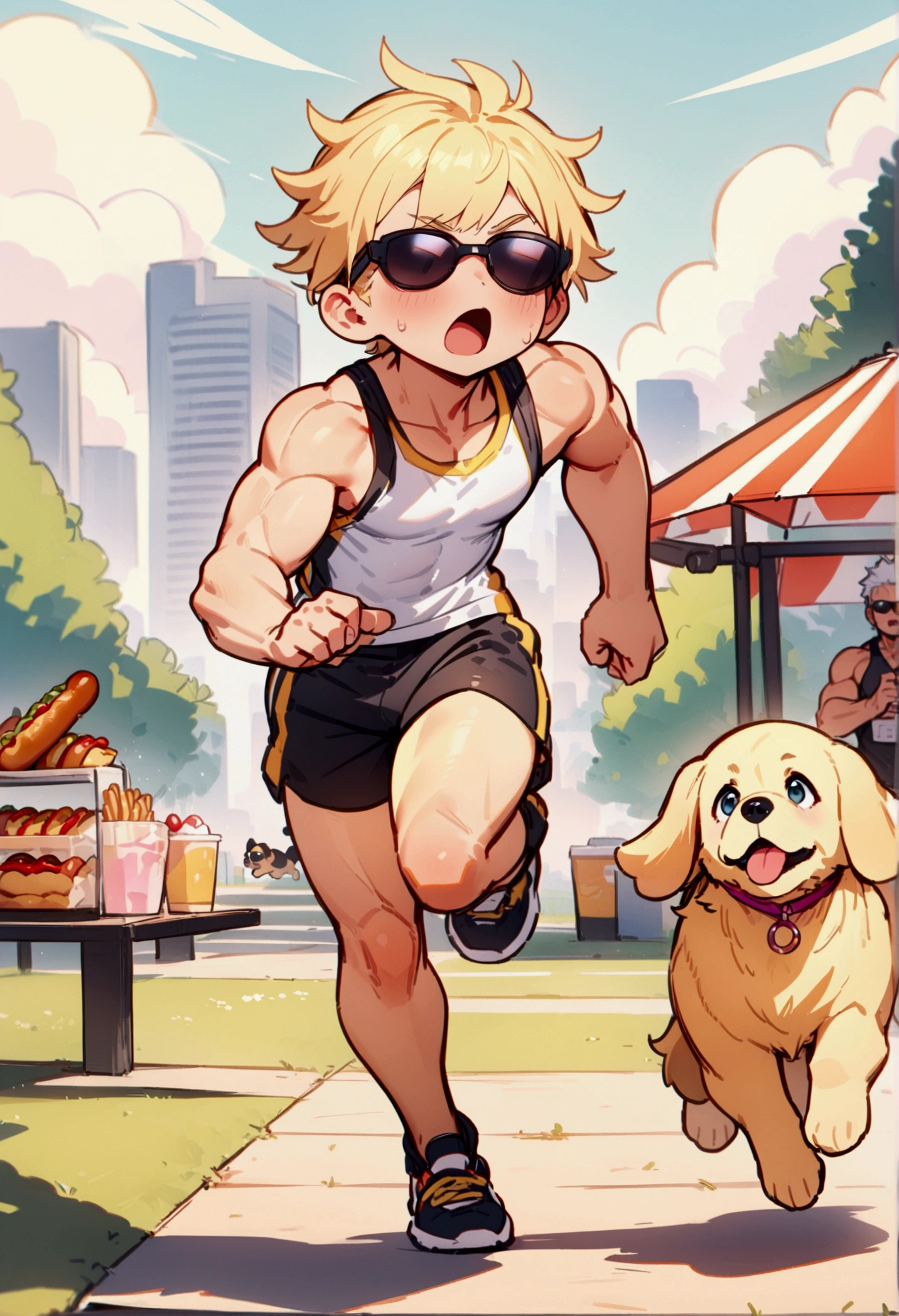best quality, masterpiece, 8K, HD, young muscular man, wearing sports tank top and tiny shorts, wearing stylish sunglasses, surprised expression, jogging, a black puppy and golden retriever puppy running ahead of him, in a park, a hotdog stand with umbrella, metropolitan city in the background, full body, vibrant colors, highly detailed