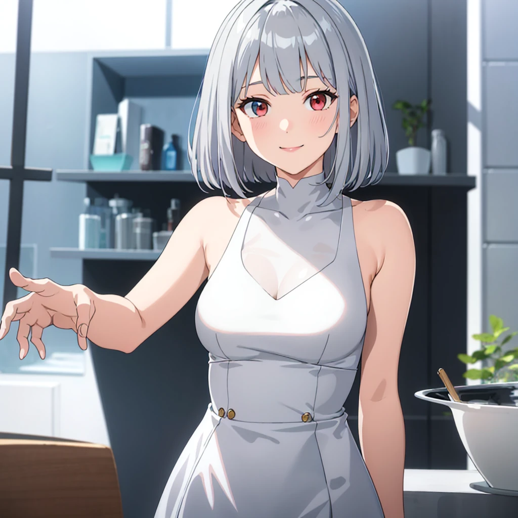 (masterpiece, best quality), cute,
medium hair, aquamarine gray hair, smooth straight  hairstyle, bangs, side bangs, glossy Japanese idol hair, red eye color, gray eye color, heterochromia;one red and one gray colored eye, dress, bare shoulders, medium breasts, smile, 
Smooth short latex silver dress without shoulders, (beautiful European country street:0.8), gray sky, depth of field,