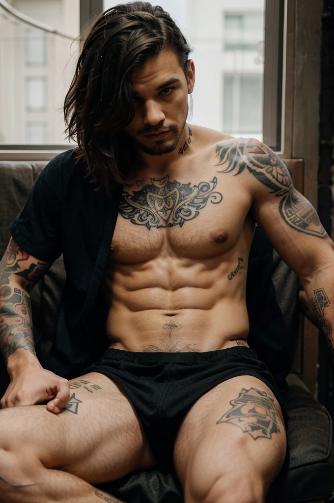 A man with tattoos is sitting in a king's chair wearing a devil's mask while carrying strange objects and being surrounded by beautiful women