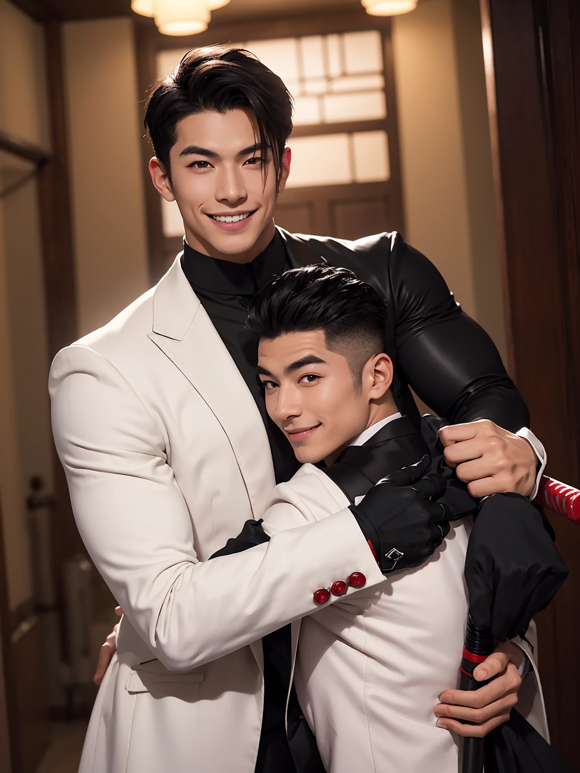 A man with black hair, pink highlights, black eyes, a handsome face, Full chest muscles, Buzz cut，Stylish short hair，a mischievous smile, eyebrow piercing, nose piercing, wearing a Spider-Man costume. Face looks like a Chinese man A little muscular sexy poses and hugged the neck of a tall man with white hair, red eyes, and a mischievous smile. Wear a white suit and have long hair. His face was handsome, tall, muscular, and smiling. He held a katana.