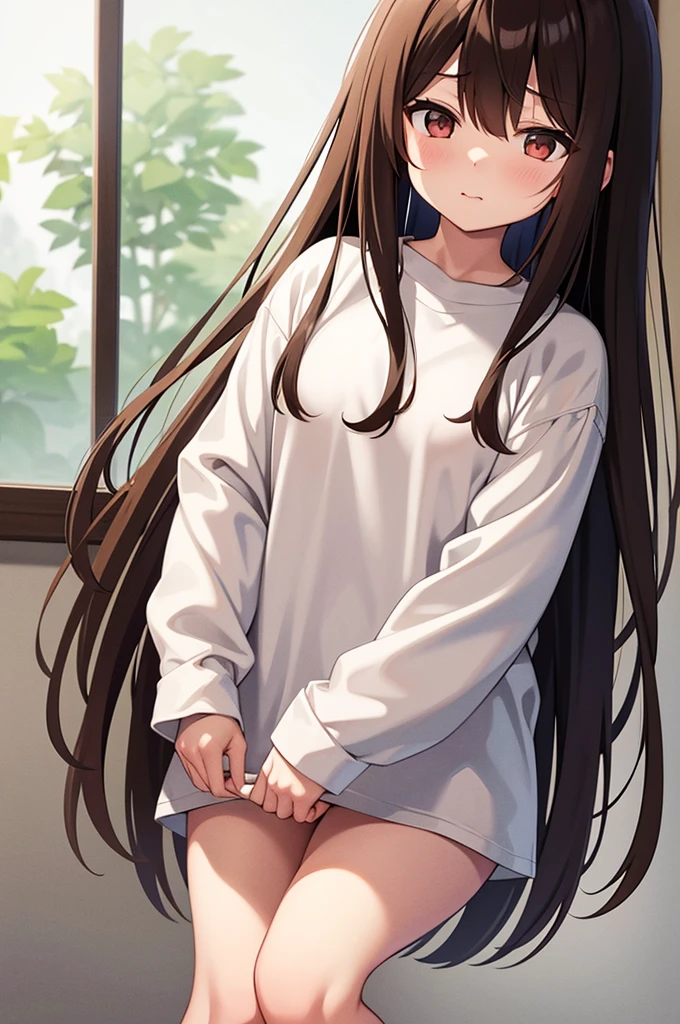 Shinonome Ena、Brown Hair、View here、Big white shirt、White oversized shirt、Inside the room、I&#39;m only wearing a shirt