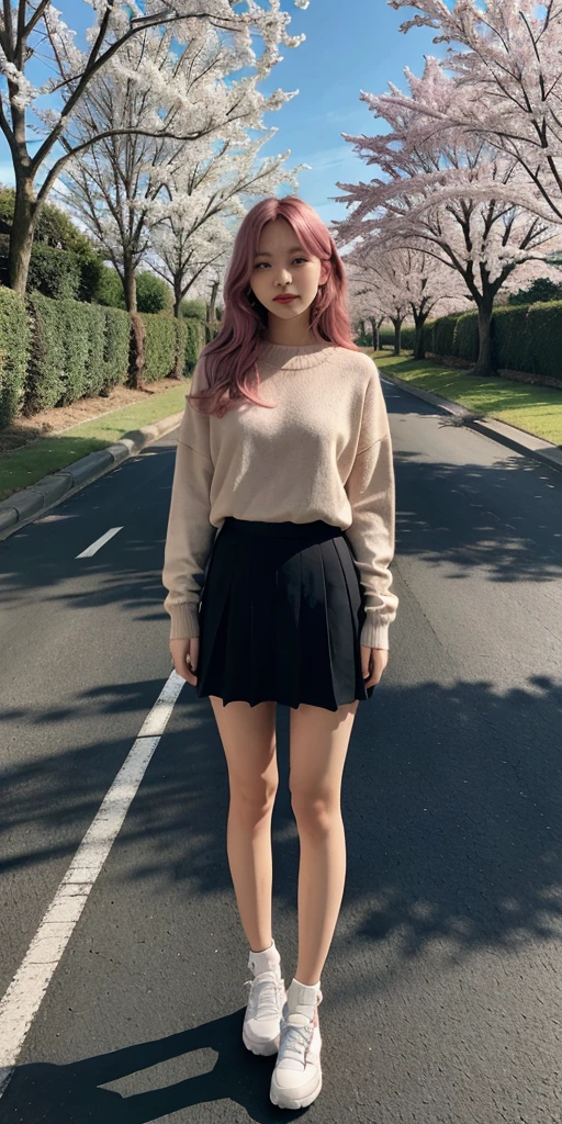 masterpiece, best quality, ultra-detailed, illustration, wide angle, 1girl stand in the middle of road, solo, road in the middle and pink cherry trees on roadside, full body, 20 yo, pink hair, sweater, short skirt, fashion,, composition, balance, harmony, rhythm, color, light, shadow, reflection, refraction, tone, contrast, foreground, middle ground, background, naturalistic, figurative, representational.