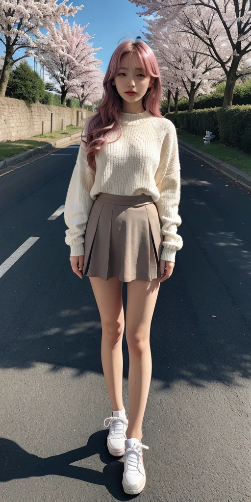 masterpiece, best quality, ultra-detailed, illustration, wide angle, 1girl stand in the middle of road, solo, road in the middle and pink cherry trees on roadside, full body, 20 yo, pink hair, sweater, short skirt, fashion,, composition, balance, harmony, rhythm, color, light, shadow, reflection, refraction, tone, contrast, foreground, middle ground, background, naturalistic, figurative, representational.