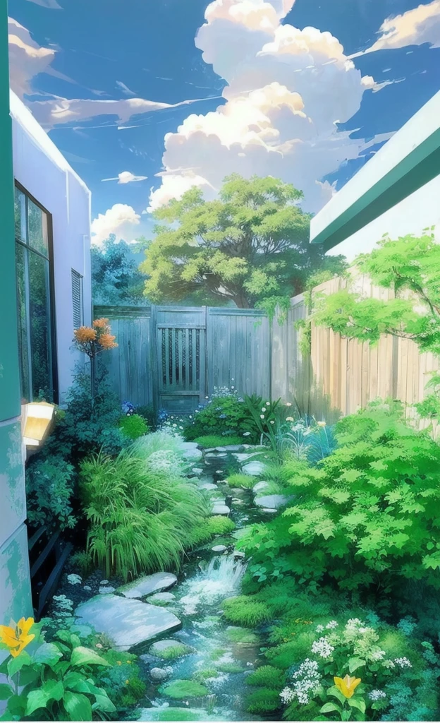 There is a painting,The painting shows a stream flowing through a garden, In the anime painter studio, Realistic garden, backyard, Produced in collaboration with Anime Painter Studio, overgrown garden environment, Anime Background Art, garden environment, backyard, Outdoor greenery, Realistic anime 3D style, green alleys, Anime Landscape, backyard garden, Lush garden, suburban garden, green alleyss