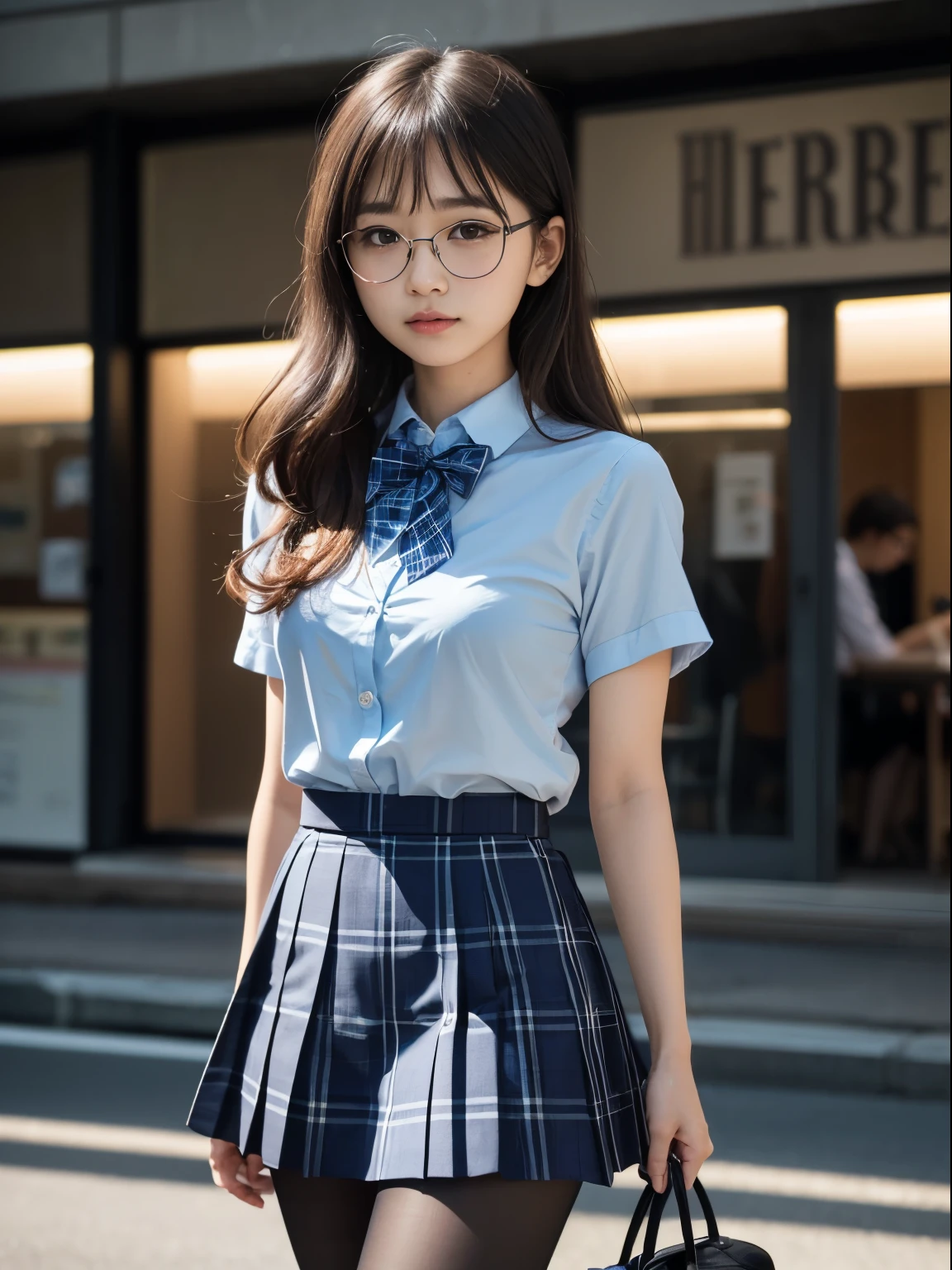 (8K、生photograph、Highest quality、masterpiece:1.2),(Small breasts)、(Small breasts)、(Small breasts)、(Small breasts)、Narrow eyes、(Watching the audience,Looking straight)、pupil,De Pere Blanca,(Black Pantyhose),Small face、Chest is petanko,前hairを真ん中から分ける,The forehead is visible,(business,Glare,strong,Are thin,Irritation、strong、Saucy)、masterpiece,Highest quality,Ultra-high resolution,生photograph,even,beautiful、One person,One person,Glasses,,Strong face、丸Glasses、cute、JK、high school girl、Japanese women、Are standing、(PhotoReactive:1.37)、Photon Mapping、Light blue ribbon、Real、cute小さな顔、Brown eyes、Black socks、(Red bow tie)、Radio City、Physically Based Rendering、Prospect、Character boundary depth、Blurred Background、photograph、girl、body、Beautiful feet、Long legs、Thin legs、(前hairが見える)、hair、lips、blue_The目、Soft Nose、(Light blue shirt)、(Navy, blue and white plaid pleated skirt)、High school uniforms、I can see your knees、See-through clothing、Thighs、black cotton socks、Nogizaka Idol、、Japan Ido