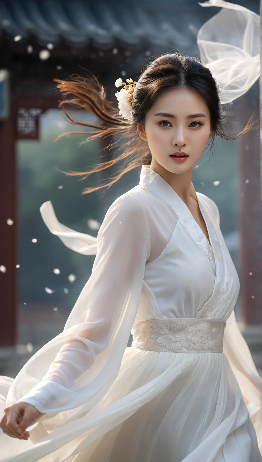 beautiful Korean woman, (((Mikamaria))), (motion blur:1.3), abnormally stunning beautiful face, black and white close-up,woman in intricate pure white hanbok dress, spinning frantically, translucent stinging air particles on the hem of the dress ,Flying in the air like a Chinese movie ,spinning frantically, translucent tingling air particles on dress hem,in ancient china, professional fashion photography,UHD, 4k, 8k