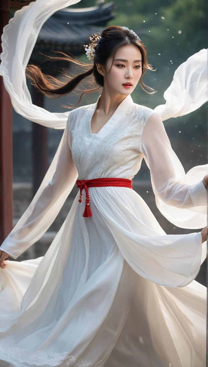 beautiful Korean woman, (((Mikamaria))), (motion blur:1.3), abnormally stunning beautiful face, black and white close-up,woman in intricate pure white hanbok dress, spinning frantically, translucent stinging air particles on the hem of the dress ,Flying in the air like a Chinese movie ,spinning frantically, translucent tingling air particles on dress hem,in ancient china, professional fashion photography,UHD, 4k, 8k