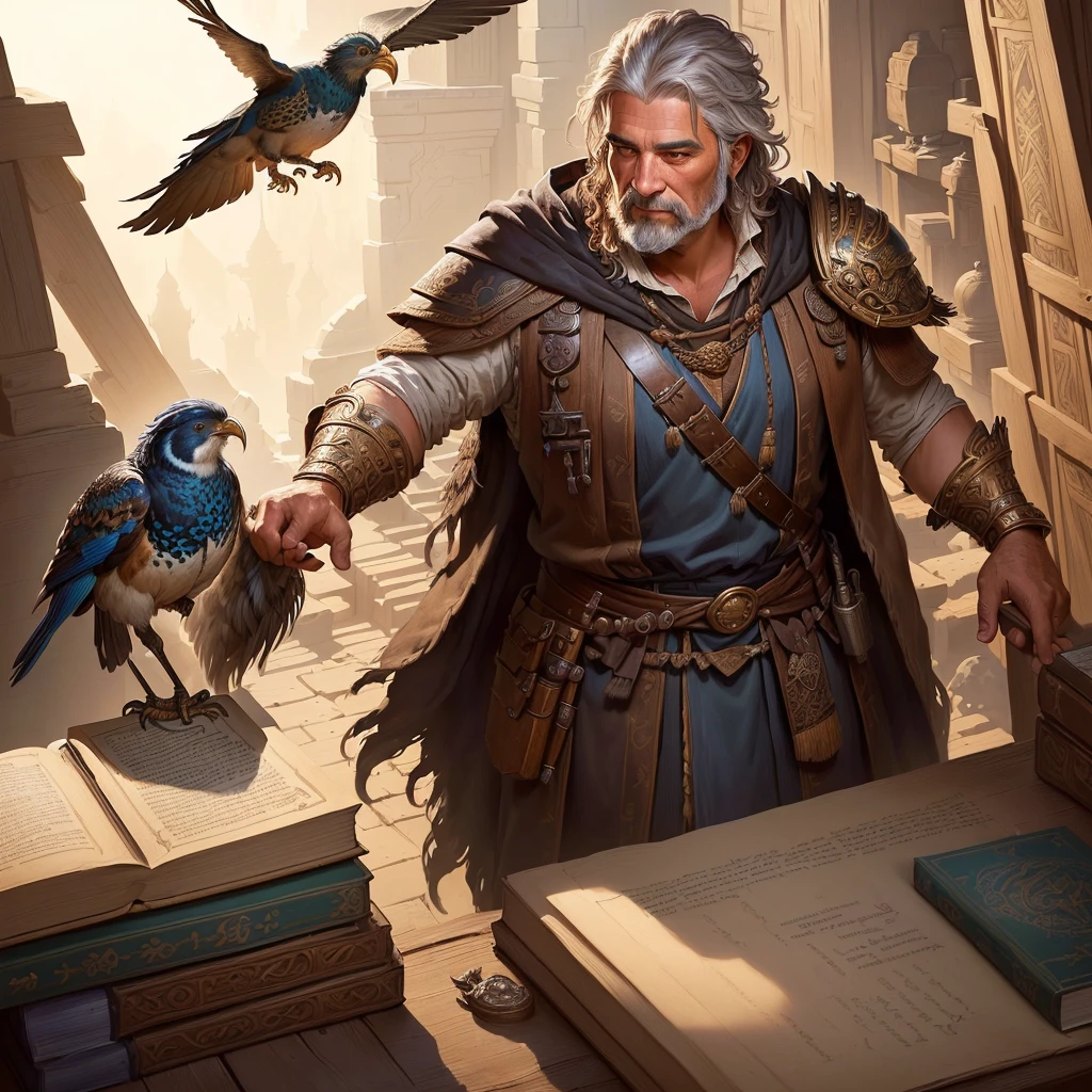 there is a man with a large bird on his shoulder, Roleplay Book Portrait, male artisan, hyperdetailed fantasy character, Fantasy roleplaying book illustration, graphic artist Magali Villeneuve, Fantasy Genre Portrait, detailed character art, detailed character portrait, Close-up portrait of a craftsman, d & d character portrait, dungeons and dragons portrait, as a d & d character