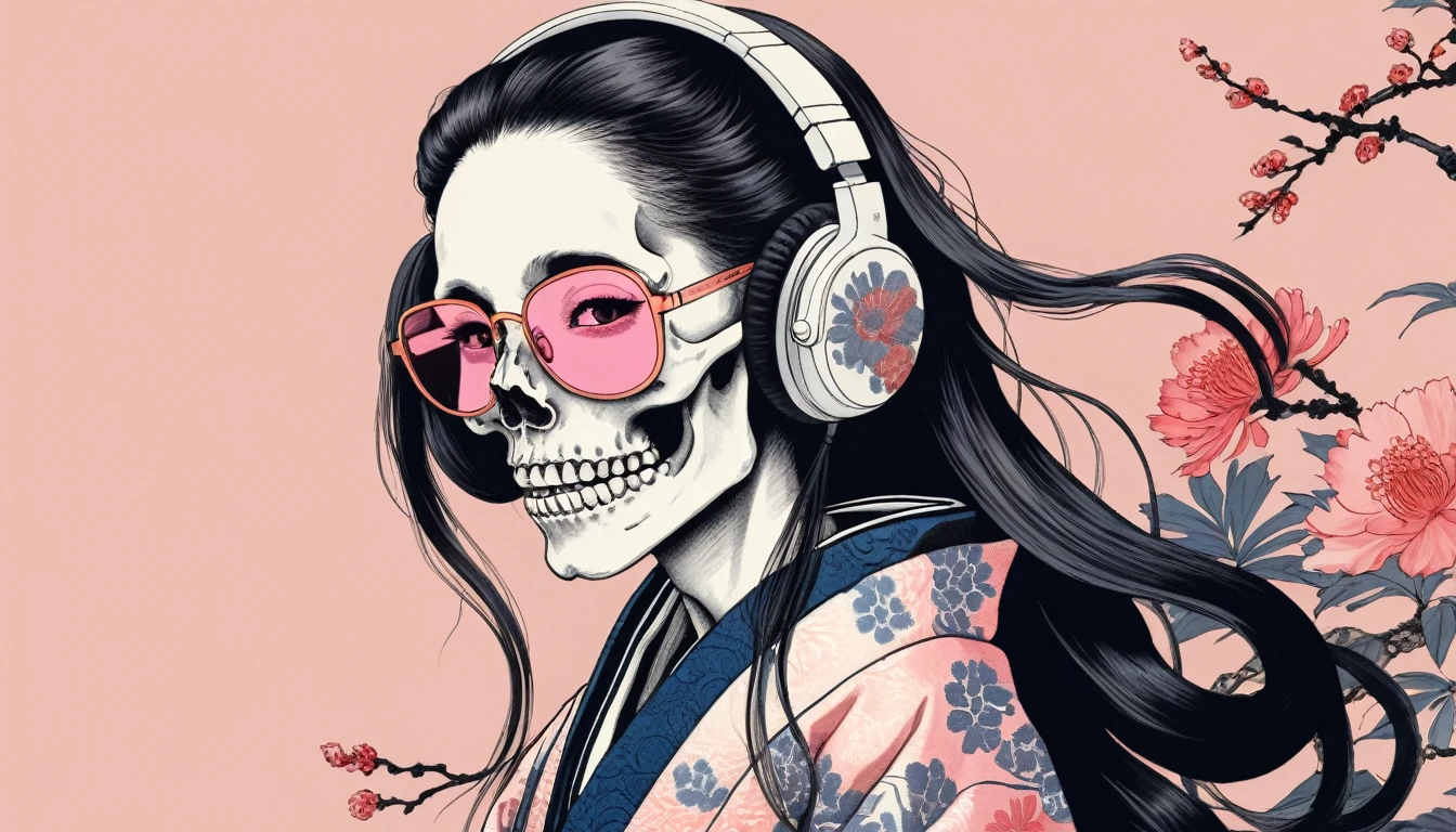 A female skeleton with long hair wearing a gorgeous kimono, Light pink lens sunglasses, Katsushika Hokusai, Ink Painting, (((claw pose))), Japanese style headphones, head shot, Modern ukiyo-e style