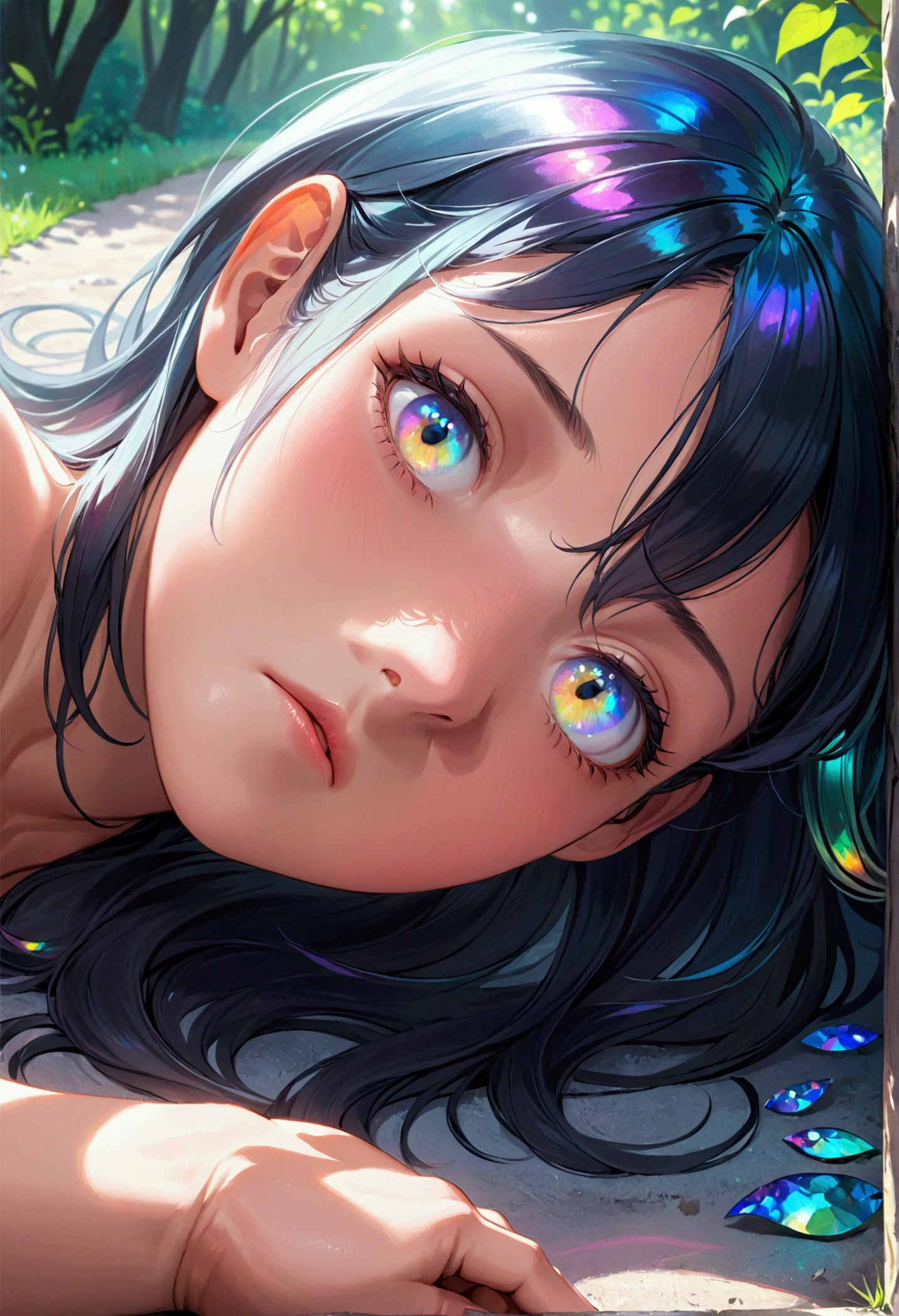 (masterpiece), best quality, expressive eyes, perfect face, Girl,long dark iridescent hair, iridescent eyes, small waist, medium chest, large thighs,nude,laying down on ground