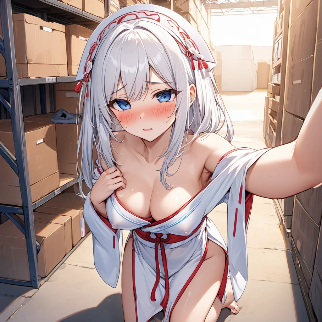 ????, white hair, blue eyes, medium straight hair, ???????????, adult female, solo, changing clothes, selfie, full body, blushing, shy, highly revealing shrine maiden outfit, ????????? ???????????? behind the warehouse, simple drawing