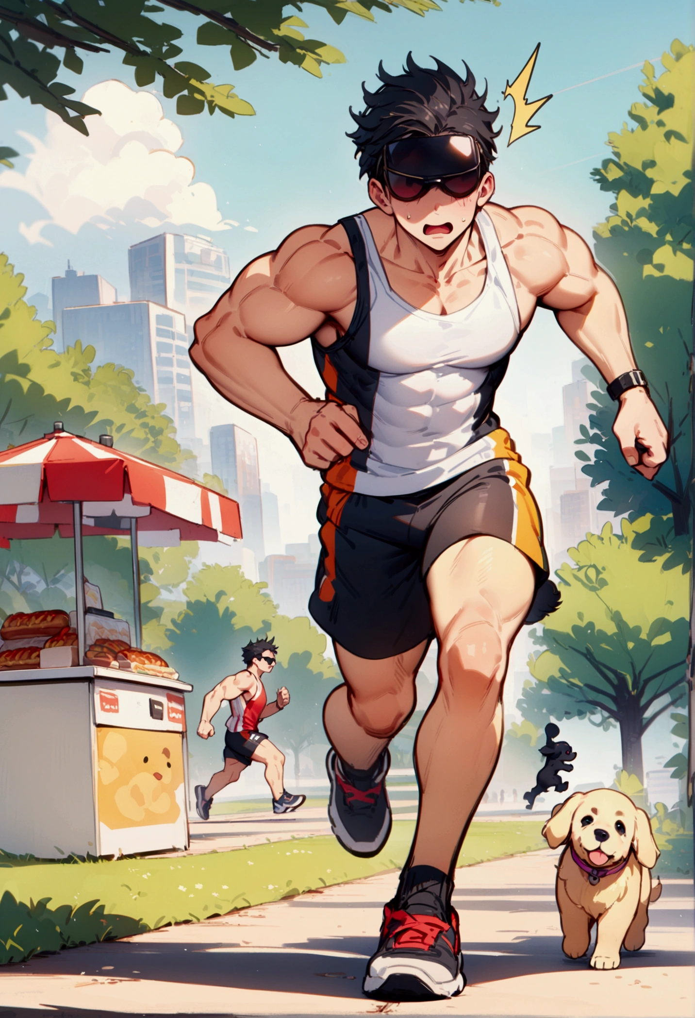 best quality, masterpiece, 8K, HD, young muscular man, wearing sports tank top and tiny shorts, his sunglasses sliding off, surprised expression, jogging, a black puppy and golden retriever puppy running ahead of him, in a park, a hotdog stand with umbrella, metropolitan city in the background, full body, vibrant colors, highly detailed