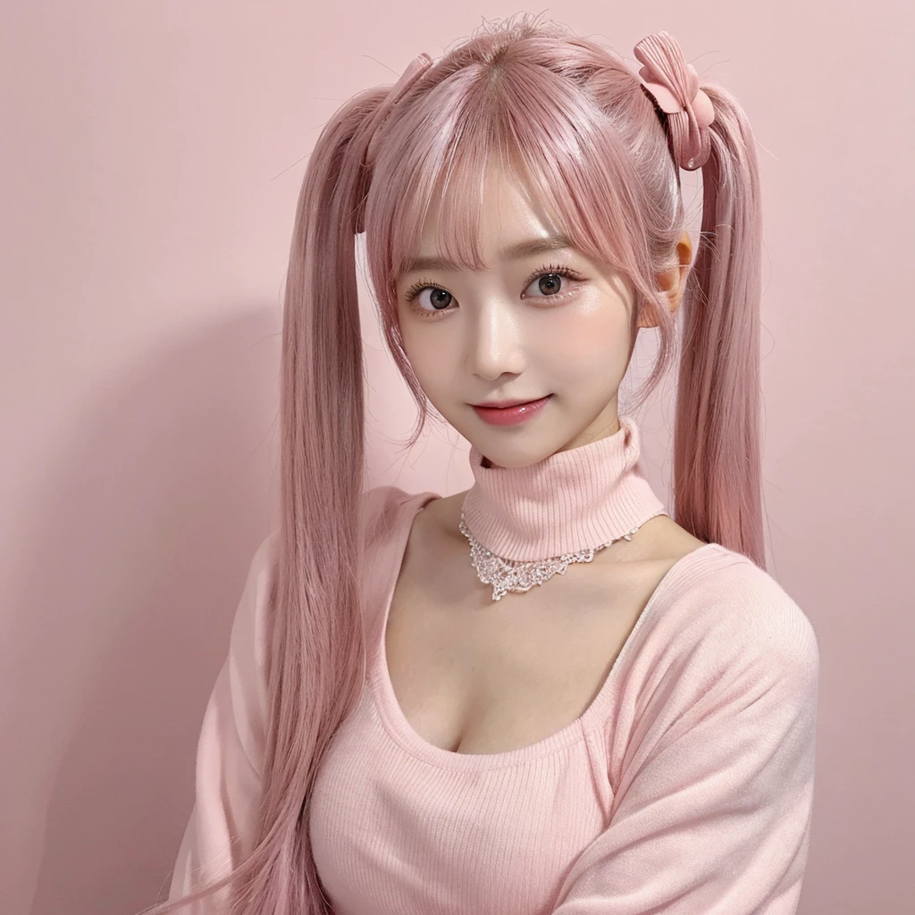 Shot with a top-of-the-line camera. highest quality, illustration, ultra-detailed, intricately detailed, high resolution, 8k, very large breasts, A youthful look of about 15 years old. Slim and well-proportioned, pink hair in twin tails, fair skin. She is wearing a Japanese idol costume, She is in a magazine photoshoot studio. A light pink background. artist photo, Straight, beautiful teeth and white teeth.