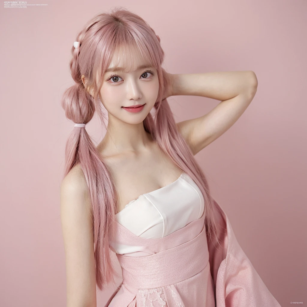 Shot with a top-of-the-line camera. highest quality, illustration, ultra-detailed, intricately detailed, high resolution, 8k, very large breasts, A youthful look of about 15 years old. Slim and well-proportioned, pink hair in twin tails, fair skin. She is wearing a Japanese idol costume, She is in a magazine photoshoot studio. A light pink background. artist photo, Straight, beautiful teeth and white teeth.