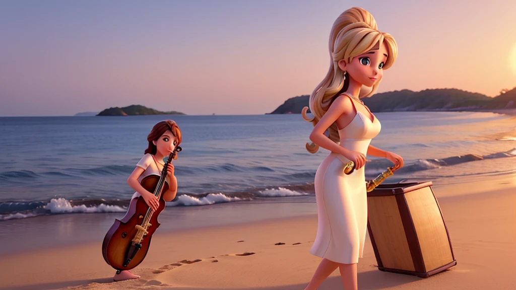 A super-realistic animation of a beautiful and elegant woman playing the saxophone on a beautiful beach at sunset.