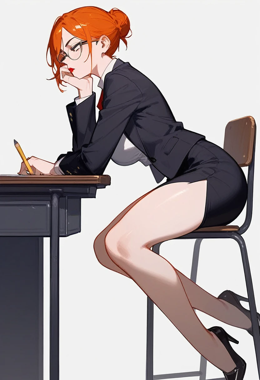 pale woman, ginger hair in a bun, glasses, tight black blazer, black pencil skirt, black pumps, thick thighs, large thighs, wide hips, strict teacher, full body shown including feet, she’s bent over a tall desk, getting fucked in the ass, doggy style sex position, cumming inside of her, eyes rolling up, side view