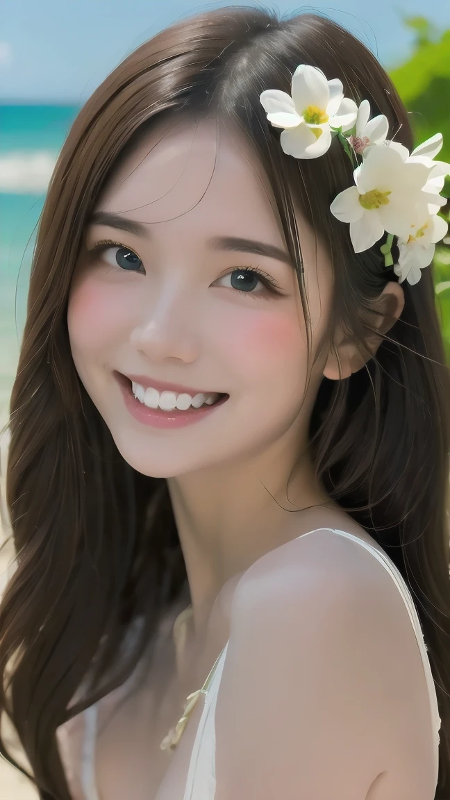 (best quality, high resolution, realistic:1.2), ultra-detailed, (retina:1.1) anatomically correct, (cute, adorable) girl, (wink, eyeswink), (smile, teeth), long flowing hair with a flower hair accessory, (raise, lift) one hand, (beautiful, stunning, gorgeous) nude,beach