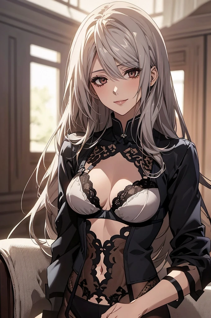 (Highest quality, High resolution, Very detailed), 1 female, Silver Hair, Long Hair, Reddish brown eyes,  lace thong bra, Large Breasts, secretary, 24th generation, Beautiful woman, mature, quiet, Calm, A small smile, sofa,