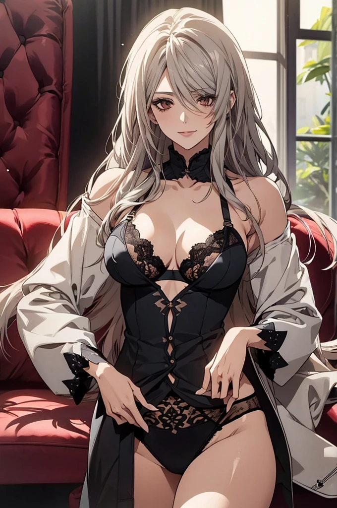 (Highest quality, High resolution, Very detailed), 1 female, Silver Hair, Long Hair, Reddish brown eyes, lace thong bra, Large Breasts, secretary, 24th generation, Beautiful woman, mature, quiet, Calm, A small smile, sofa,