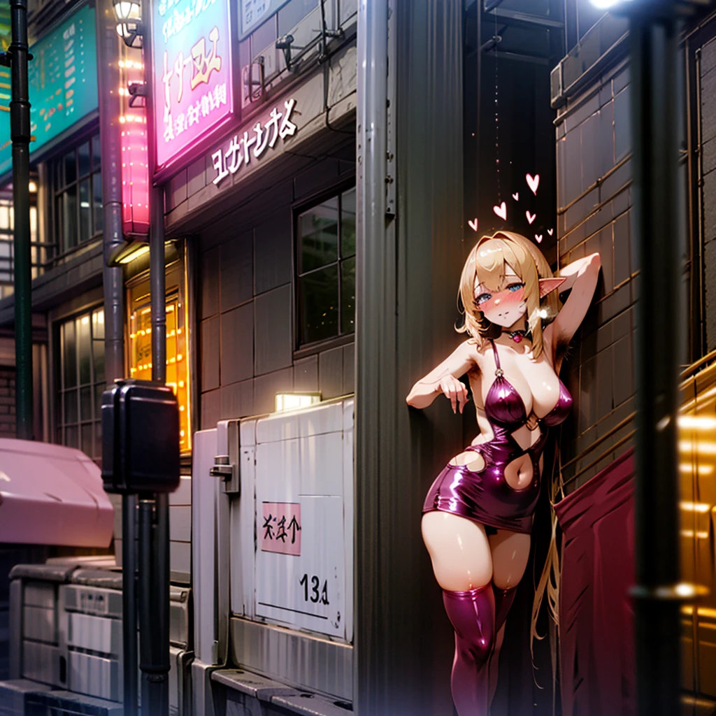 standing, elf, blonde hair, pointy ears, blue eyes, long hair, armpit hair, hairy armpits, blonde armpit hair, armpit hair peek, masterpiece, 4k, high quality, large breasts, city, alleyway, night, buildings, blurry background, blush, full-faced blush, seductive smile, latex, bodycon, bodycon dress, slut, breath, heavy breathing, steam, steaming body, steamy, hot, 1girl, spoken heart, hearts, choker, thigh highs, latex thigh highs, cowboy shot, backlighting, tatoogirl
