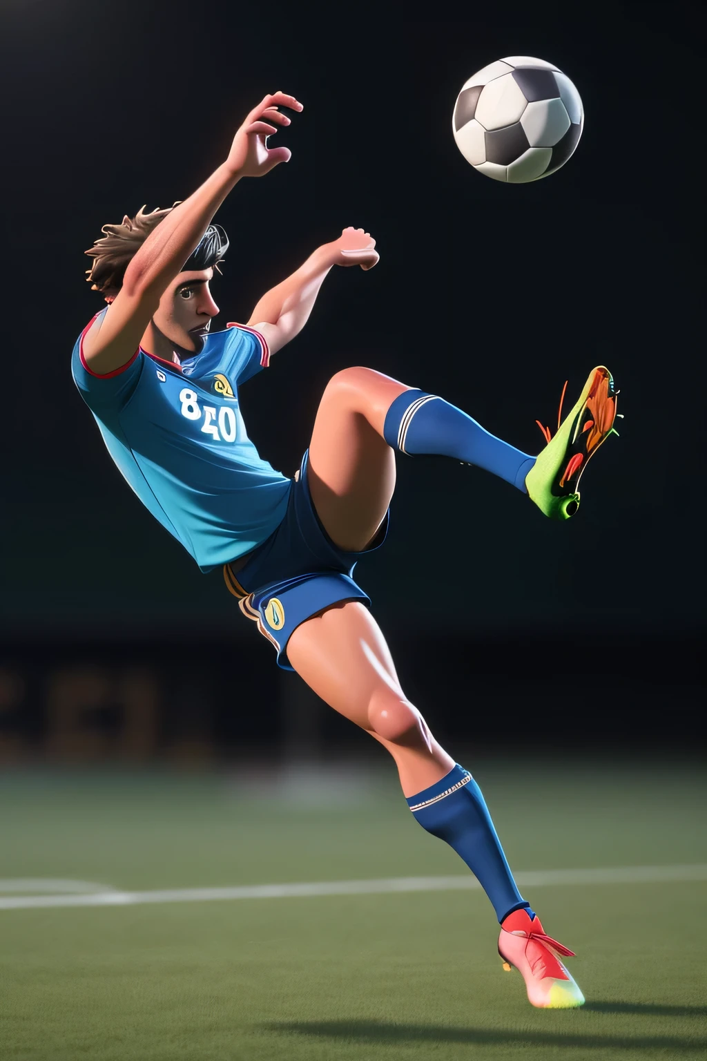 RAW photo, 8k uhd, masterpiece, (photorealistic:1.4), best quality, beautiful lighting, 3D Art, C4D, OC render, Brenner, (full body:1.5),a 30 yo man, professional soccer player, sports shorts, half socks, soccer shoes, soccer ball, kicking pose, lively, handsome,