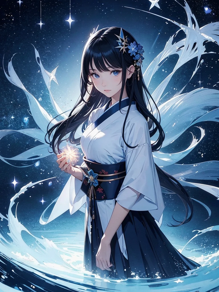 star world, a elegant furisode Lady long black hair standing backstyle on a blue smallFlowers, holding a Japanese SENSE in her hand to summon flying Bright star around her. The background is full of large and small blue flowers, creating an atmosphere of fantasy and dreamy darkblue tones. In the style of a high definition fantasy beautiful ukiyoe, with high resolution. A panoramic view from above, capturing the vastness of nature. Soft lighting creates a warm feeling.